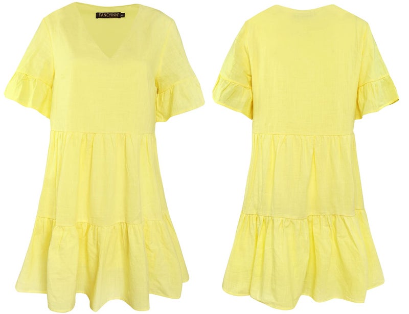 FANCYINN Women Ruffle Shift Dress with Pockets Bell Sleeve V Neck Loose Swing Tunic Mini Dress for Summer Light Yellow S - Image 4
